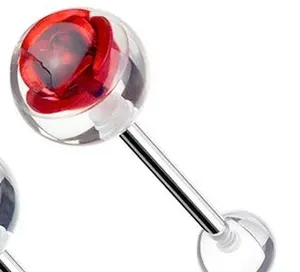 Rose Circle 14 Gauge Barbell Tongue Surgical Steel with Colored Metal Rose Embedded in 10mm Clear Ball Top Piercing Jewelry