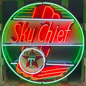 Texaco Sky Chief Gasoline Glass Neon Can with Porcelain Enamel