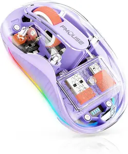 Transparent wireless mouse, with three modes of Bluetooth 5.1 and 2.4GHz, USB-A and USB-C receivers, silent rechargeable RGB, suitable for MacBook laptops, iPad and PCs