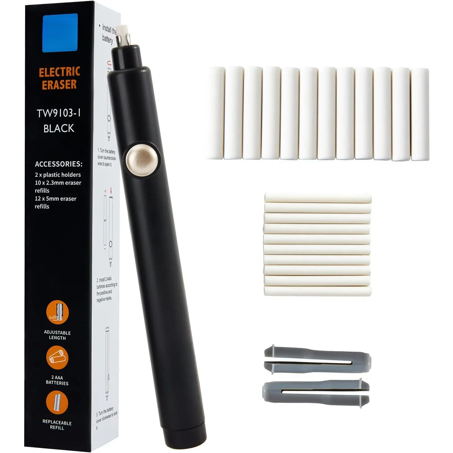 Operated Pencil Eraser, Electric Eraser Kit with 2 Different Eraser Sizes, Ideal for Sketching, Drafting, Drawing (Black)