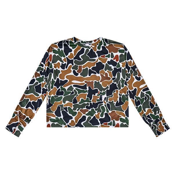 Women's Camo Long Sleeve Oversized Shirts Casual Hollow-out T-Shirts Pullover Crew Neck Tops Fall Fashion Outfits