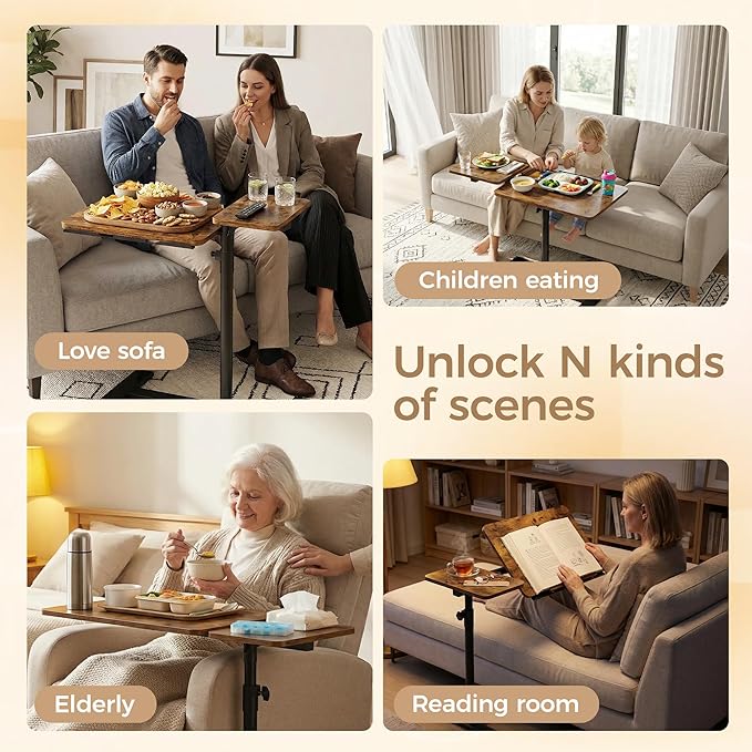 YUHFERA Rolling Table for Laptop Stand, Height and Angle Adjustable Over Bed Table with Wheels, Tilt-Top Laptop Desk for Couch with Cup Holder, Bed Table Tray for Eating