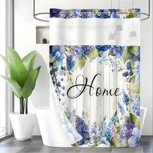 LVRLVR 1pc Watercolor Pastoral Style Blue Purple White Color Hydrangea Home Wood Grain Pattern Double Layer Detachable C-Type Large Ring Shower Curtain 70.8"×74"(180×188cm)