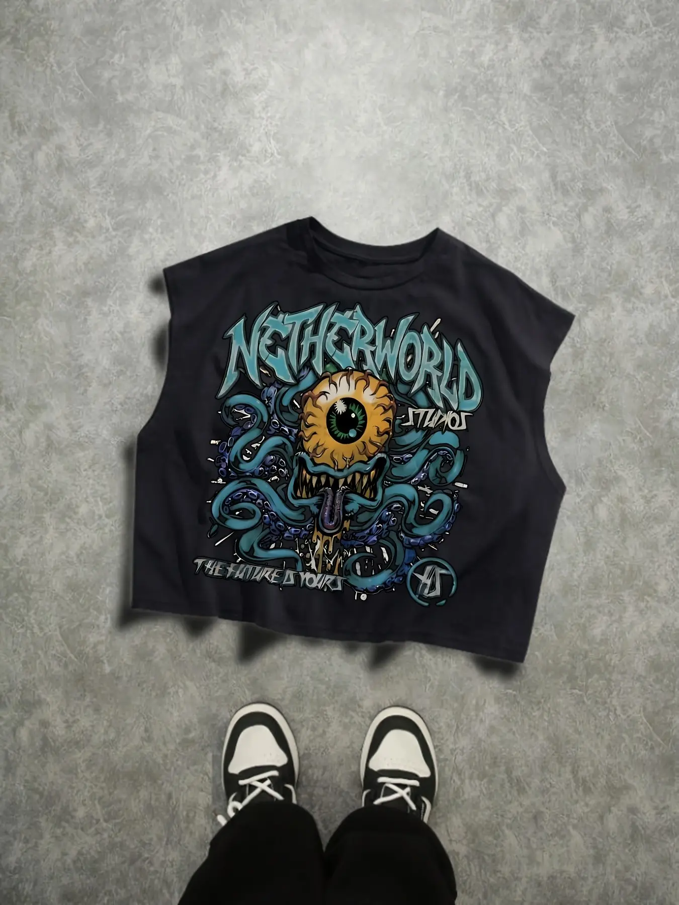 Netherworld Monster Graphic Cropped Sleeveless Tank - 2026 Trendy Darkwear Crop Top, Oversized Cutoff Armhole Vest, Summer Streetwear Layering Piece, Bold Eye & Tentacle Print, Y2K Alt Fashion, Casual Daily Skate & Festival Outfit for Gen Z