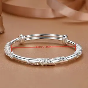 999 Solid Silver Elegant Style Bangle Bracelet for Women - Adjustable, Silver Plated, No Stone Inlay, Versatile for Daily Wear & Parties