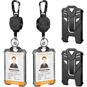 2 Pack Retractable Badge Holder, Heavy Duty Badge Reel Keychain with  ID Card Holder, Retractable Lanyard Keychain -Black