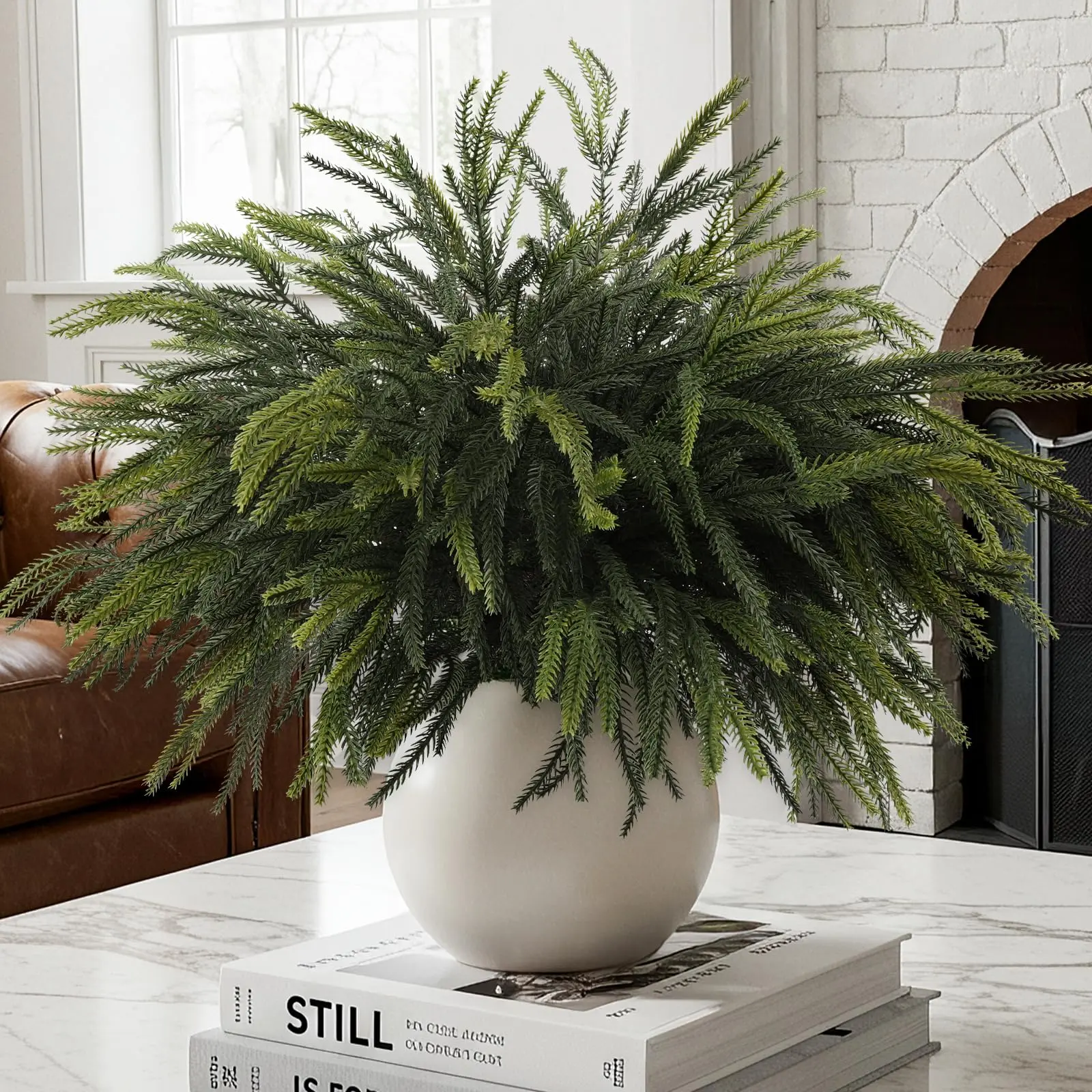Christmas Norfolk Pine Stems, 24'' Long Artificial Evergreen Branches, Real Touch Greenery Picks for DIY Xmas Home Decoration, Diy Flower Decor