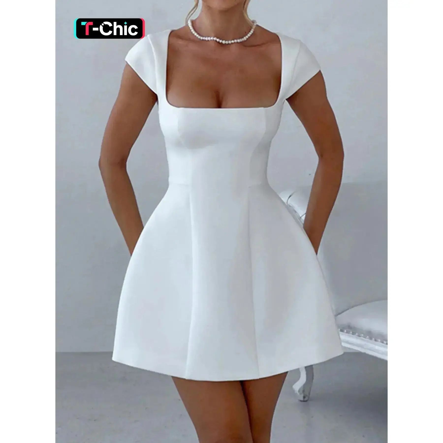 Women's Plain Square Neck A Line Dress, Formal Wear, Elegant Cap Sleeve  Short Dress for Party Holiday Wedding Guest, Ladies Fall Clothes - TikTok  Shop