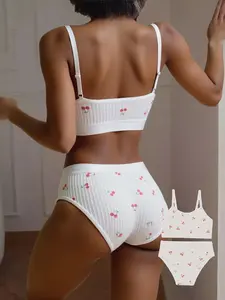 Women's Cute Sweet Bra Set, Cherry Print Wireless Underwear, Comfortable Breathable All-Seasons, Medium Support Full Coverage