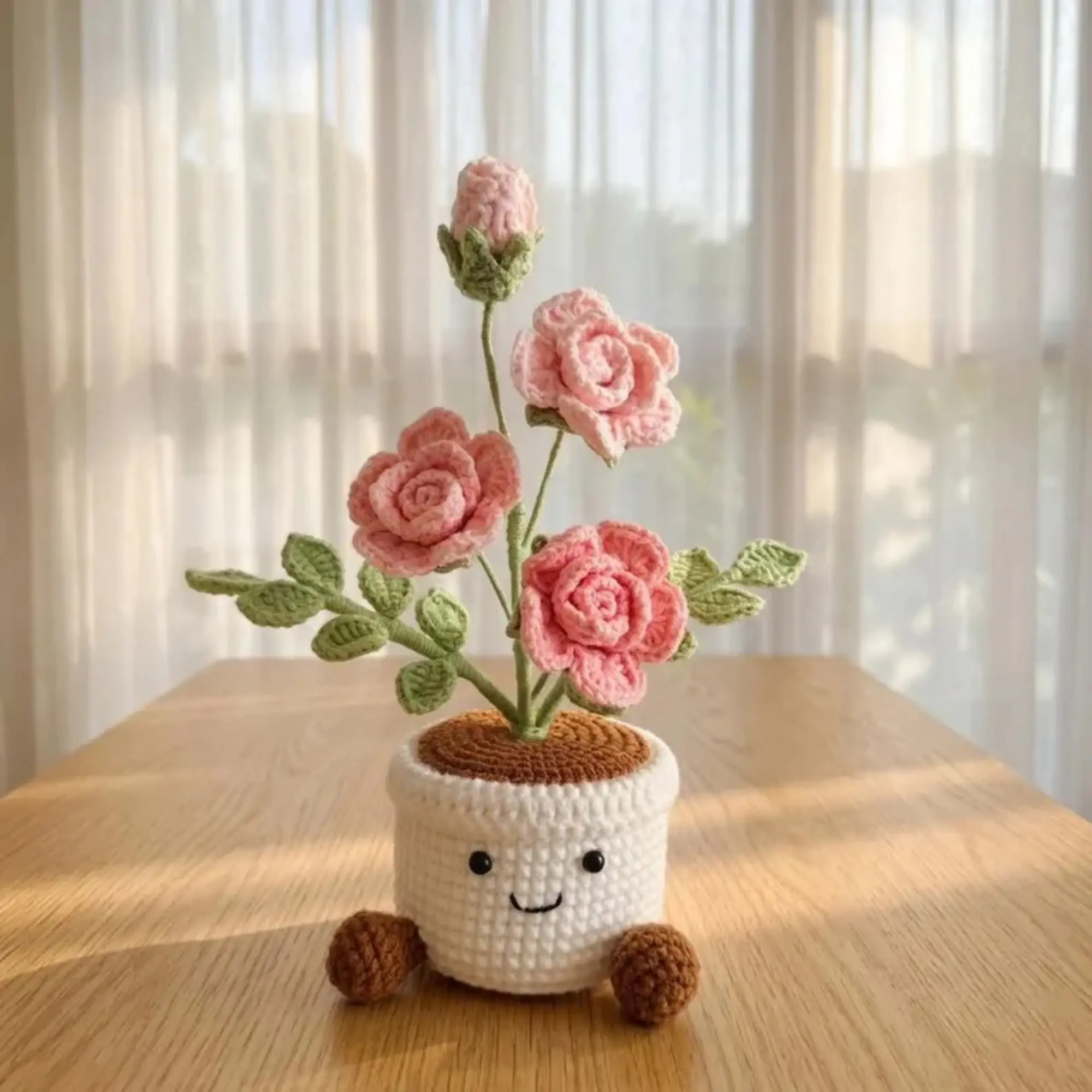 Crochet Rose Flowers in Pot, Handmade Mother's Day Gift Ideas for Desk & Home Decor with Colorful Tulip Pots in Assorted Colors