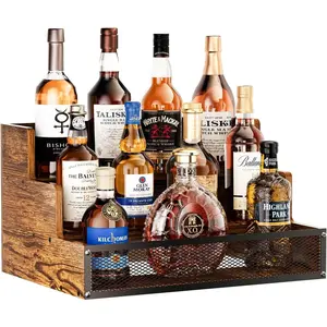 3 Step Countertop Liquor Bottle Display Shelf, Retro Wood 12-Bottle Bar Shelves with Fences, Freestanding Storage Wine Rack for Liquor Whiskey Wine Coffee Syrup Display, Ideal for Home Bar (Patent Pending)