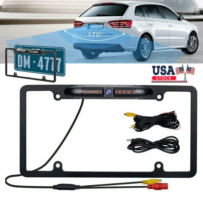License Plate Backup Camera with Frame, Wired CVBS RCA Rear View Camera, 170° Wide Angle, 8-LED Low-Light Illumination, IP67-Rated Housing, Reverse Parking Camera for Standard US Plates, Cars SUVs Trucks Multifunctional Car Accessories Car Accessory