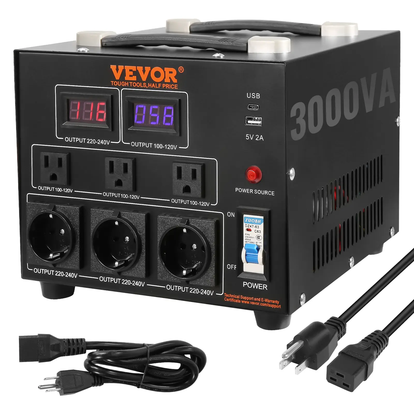 VEVOR Power Converter, 3000W, Durable Step Up/Down Unit, Switches between 110V and 220V, Includes US and EU Outlets plus 5V USB, CE Approved