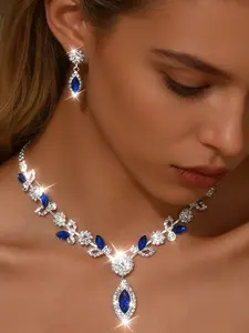 Luxury Blue Sapphire Crystal Imitation Jewelry Set, Perfect for Ball and Evening Wear (1 Necklace + 2 Earrings)