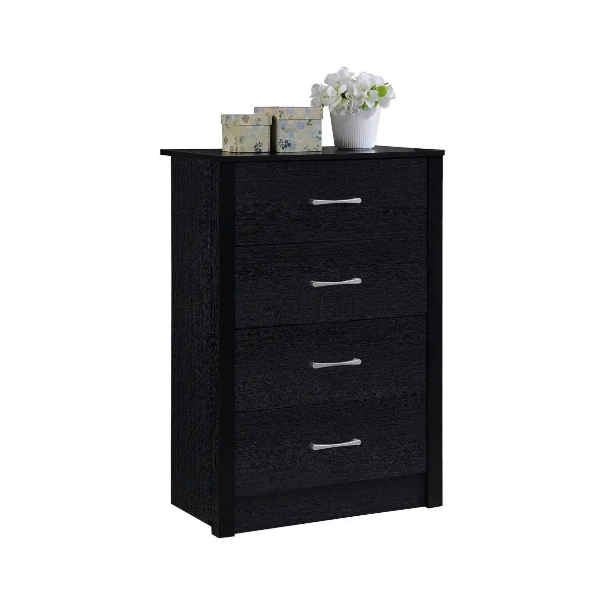 Hodedah HI413DR Black Wood 4-Drawer Chest with Organization, Heavy Duty Metal Glides, 90.39 lbs Indoor Furniture Cupboard