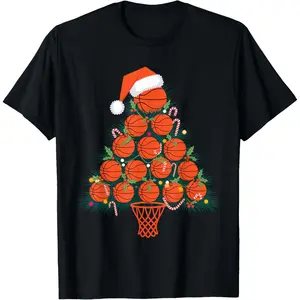 Basketball Sports Lover Xmas Gifts Basketball Christmas Tree T-Shirt, 100% Cotton, Single Side Printed, Black Short Sleeve T-shirt, 1 pc, Christmas Halloween Thanksgiving Gift