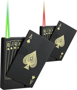 (Need to Add Gas)Jet Torch Lighter, 2 Pack, Green+Red Flame Ace Card Lighter, Cool Lighter Windproof Poker Design, Refillable Butane, for Outdoor, Indoor, Camping, BBQ, Candle, Birthday,Valentines Gift