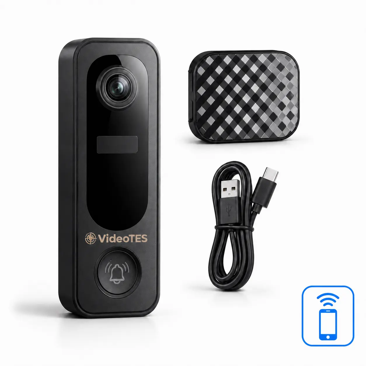 VideoTES 2K Wireless Video Doorbell Camera with Chime, 3MP HD, PIR Human Detection, Two-Way Audio, Night Vision, 5200mAh Rechargeable Battery, IP65 Weatherproof, 2.4GHz WiFi, CloudEdge App