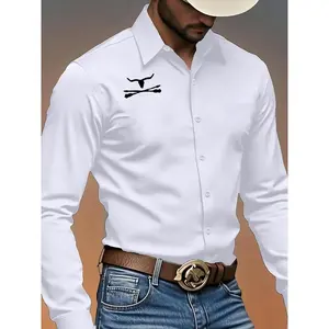 Men's Fall Casual Long Sleeve Shirt, Trendy Western Cowboy Print Design, Comfortable & Durable Regular Fit for Daily Wear & Sports