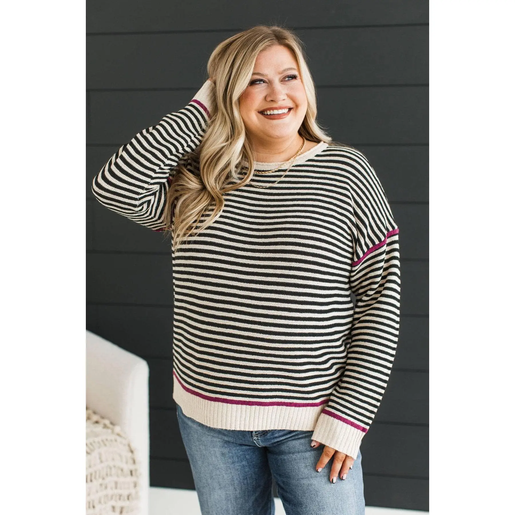 Lost In The Details Striped Sweater- Black & Magenta