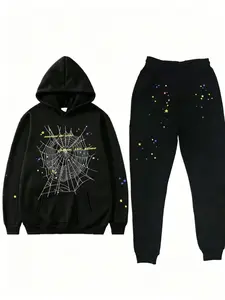 【2-piece set】Y2K Men's Hooded Sweatshirt, Spider Web Pattern, Letter Print, Colorful Stars, Street Punk Style, Casual Fitted, Fall & Winter, Graphic Hoodie，There are combination sets, single piece hoodies, single piece sweatpants, and multiple choices