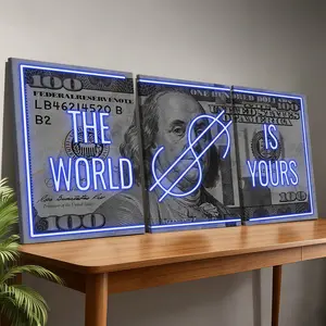 3-Pack Wood Frame Canvas Posters, Neon Money Theme Art, Modern Living Room Decor, Waterproof, Suitable for Bedroom, Office, Hallway
