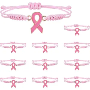 5/10/20 Pcs Breast Cancer Awareness Bracelets with Independent Small Package of Each , Adjustable Cord Ribbon Braided Mini Beaded Bracelets for Cancer Fighter, Charity Public Activity Supplies