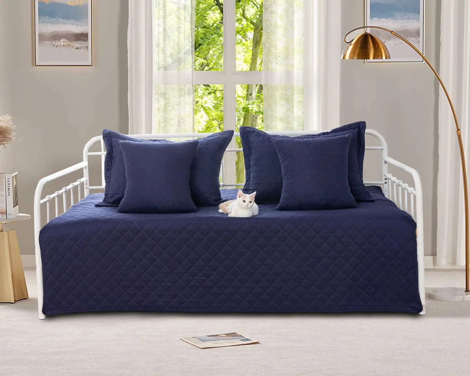 xl-5-Piece Daybed Cover Set Navy Blue Twin Cozy Daybed Bedding Sets for All Season Lightweight Daybed Comforter Bedspread, Geometric Print Day Bed Cover for Twin Bed with 4 Pillow Shams,39"x75"