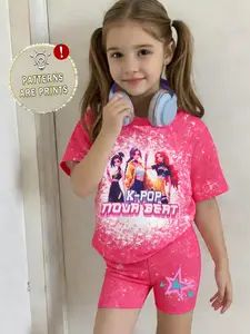 Girls' Casual Fashion Comfortable Sweet Cool K-Pop Girl Group Print Girls Tie-Dye Heart Star Short Sleeve + Five-Pocket Pants Two-Piece Set Fashion Style Sets