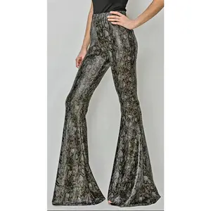Plus & Reg Size Python Print Black & Gray Bell Bottom Knit Pants Gold Sparkle Metallic Flecks | Charlotte's Classy Closet