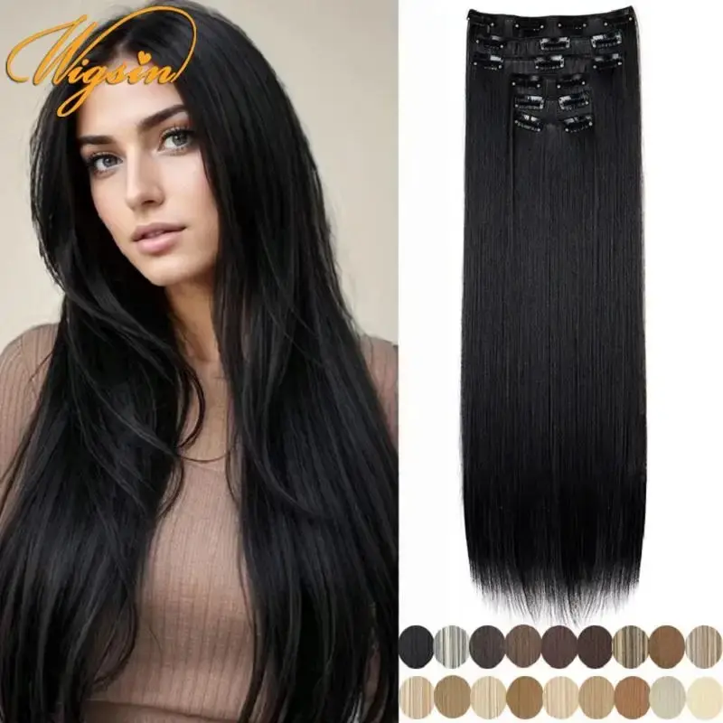 New  Synthetic 6pcs/set 24Inch Long Straight Hair Extensions Clip-in Heat Resistant Black Blonde Hairpiece for Women