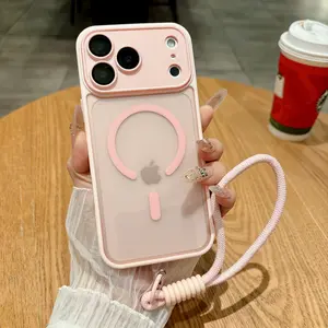 Magnetic mobile phone case, matte skin feel, with hand strap, transparent lens protective case, suitable for iPhone 17, 16, 15, 14, 13, Pro Max plus, transparent magnetic mobile phone case, compatible with MagSafe, anti-collision and anti-fall, suitable f