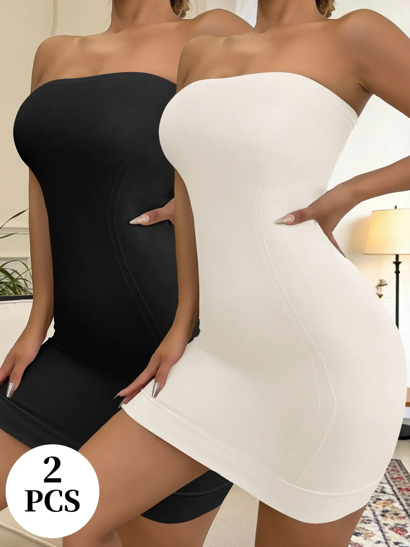 2PCS Seamless Strapless Shapewear Dress, Skin-Friendly Women's Underdress, Solid Color One-Piece Bodysuit, All-Season Casual Style Bodysuits Shapewear Body Shapers