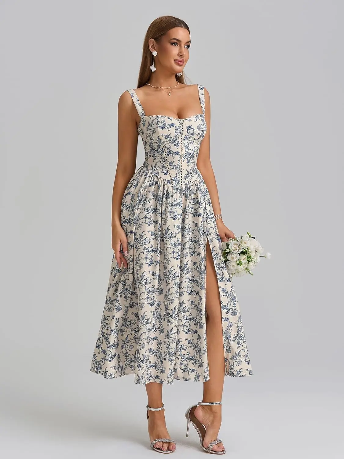 KUTUMAI Floral Corset Midi Dress Flowy Slit Summer Spring Wedding Guest  Dresses for Women Sundress with Pockets - TikTok Shop