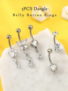 5PCS Belly Button Rings for Women 14G Dangle Navel Piercing Jewelry Set Surgical Stainless Steel Body Jewelry with CZ Butterfly Flower Teardrop Barbell for Beach Festival Daily Dangle Design