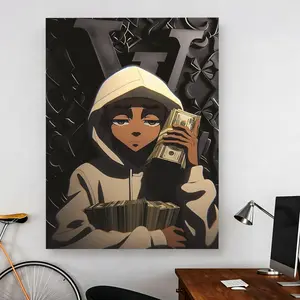 The Boondocks Style Anime Canvas Wall Art, Hypebeast Money Aesthetic Poster Print, Hip Hop Streetwear Room Decor, Holding Cash Stack Framed Canvas Painting, Cool Cartoon Decor for Boy Bedroom Living Room