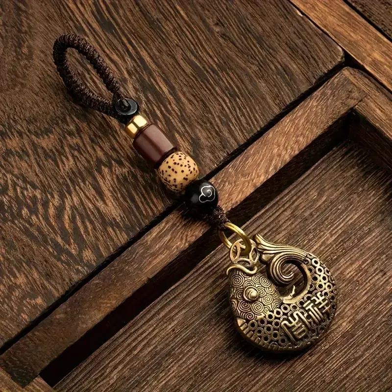 Brass Hollowed Fortune Fish Car Keychain, Pure Copper Longevity Blessing Lock, Wealthy Fish Keyring Bag Pendant Decorative Accessory, Lightweight Keychain, Keychain For Bags, Car Key Chains
