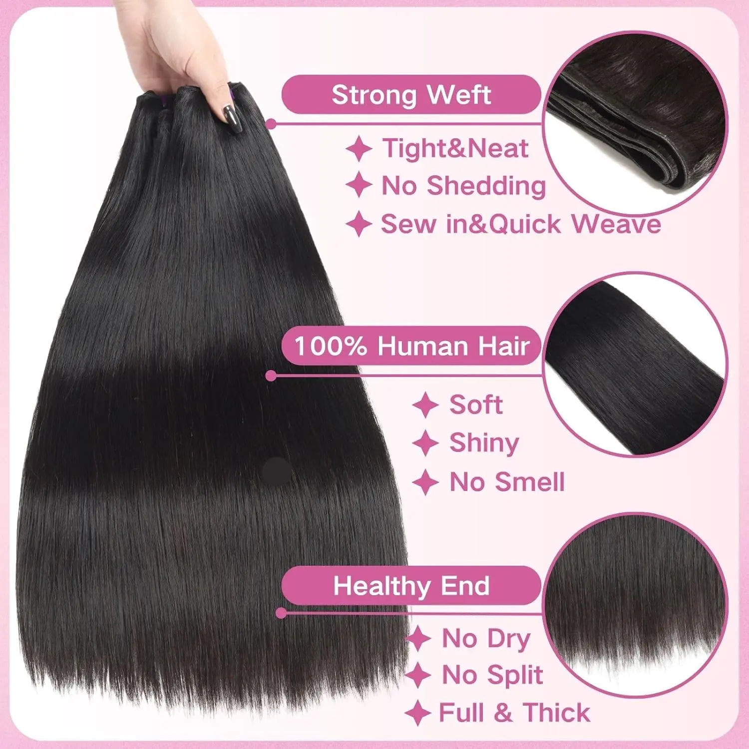 16A Straight Bundles Human Hair (16 18 20 Inch) Virgin Human Hair Straight 100% Unprocessed Weave 3 Bundles Thick Brazilian Remy Hair Extensions for Women Natural Color