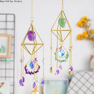 Natural Raw Crystal Rhombus Hanging Ornament — Living Room & Balcony Decor, Rainbow Crystal Wind Chime Pendant