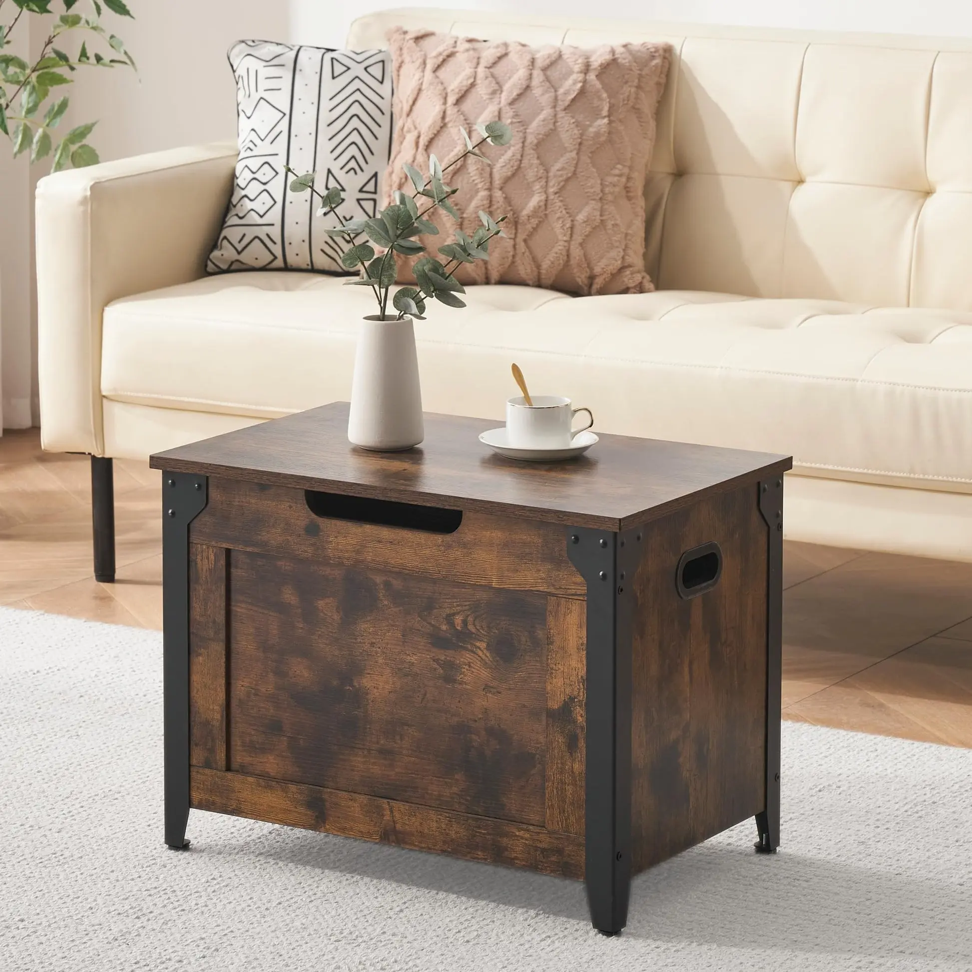Garvee Wooden Storage Trunk with Metal Frame, Lift-Top Design, Safety Hinge, Ample Space, Solid MDF, Handles, Entryway, Bedroom