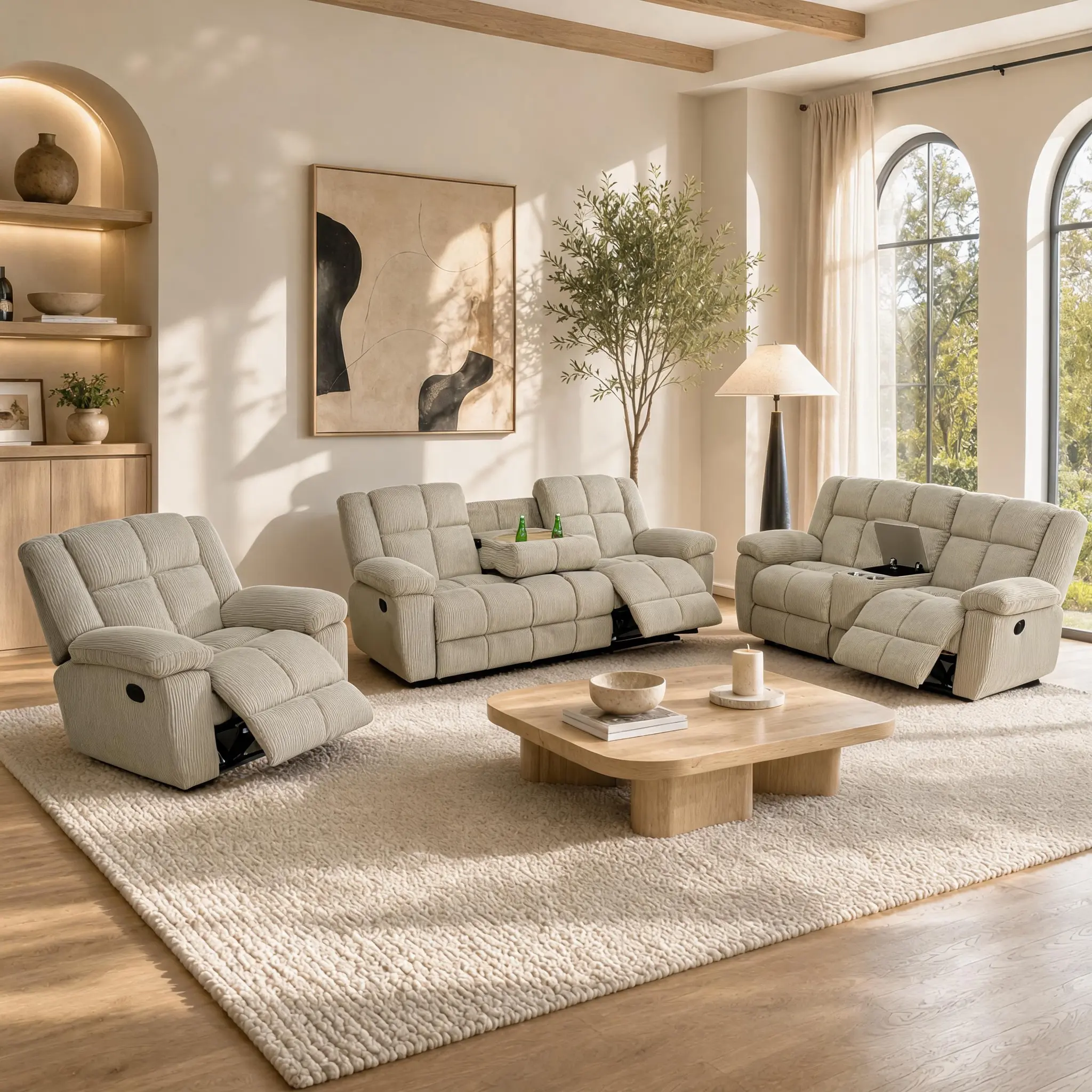A Ainehome Beige Corduroy 3-Piece Living Room Recliner Sofa Set Classic Design for Complete Living Room Functionality & Comfort