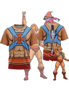 Classic retro men's short-sleeved T-shirt, He-Man character cosplay, 3D printed T-shirt, street style cartoon T-shirt, summer unisex Harajuku style short-sleeved Y2K top.