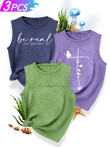 3Pcs Women's Crew Neck Tank Tops, Heart Floral Paw Print Series Print, Multiple Colors Available, Machine Washable, Spring & Summer Tops, Soft Skin-Friendly Fabric, Daily Versatile, Fashion Design