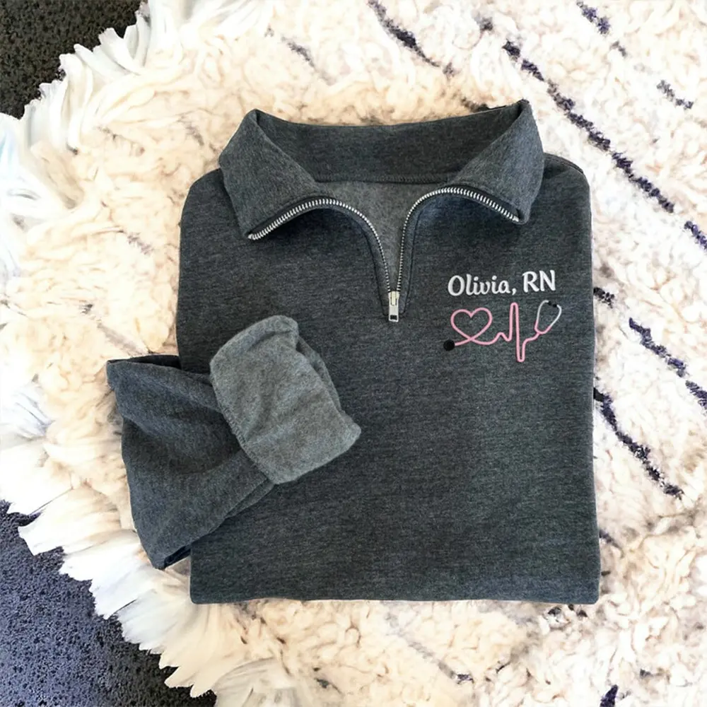 Monogram Nurse Embroidered Quarter Zip Sweatshirt, Heartbeat Nurse Pullover, Custom Nurse Jacket, Nursing Graduation Gift, Cozy Medical Worker Outfit