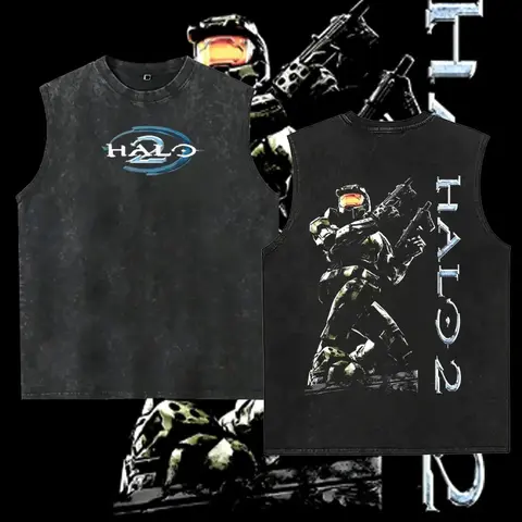 Halo 2 Vintage Washed Heavyweight Cotton Mens Crew Neck Graphic Print Tank Top Retro Urban Streetwear Classic Fit Soft Breathable Fabric Casual Daily Lifestyle Stylish Everyday Outfit Pop Culture Game Fan Apparel Urban Weekend Relaxed Wear