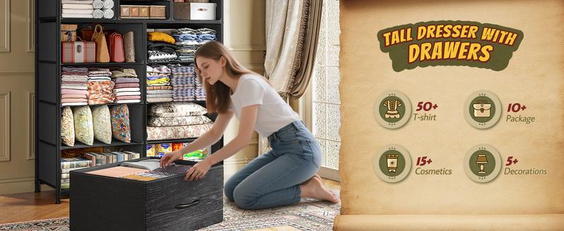 [Home Decor Refresh]RaybeeFurniture Tall Dresser with 12/13/16 Drawers, Large Capacity Storage Organizer with Wood Top & Metal Frame, Fabric Chest Organizer Unit with Fabric Bins, Modern Spacious Storage Tower for Bedroom, Closet, Living Room, Entryway