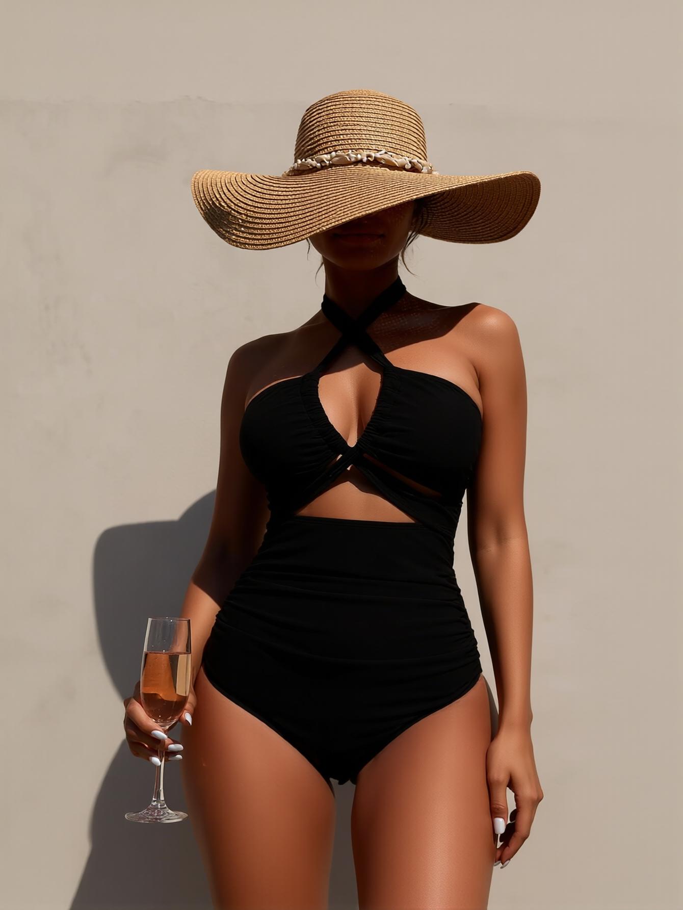 2026 Drawstring One-piece Women Swimsuit NewSwimwear Female High Waisted Bikini BandeauHalter Bathing Suit Swimming for Monokini Women's Slimming Tie Knot