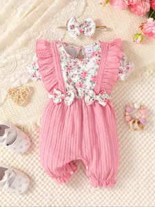Girls' Cute Floral Romper Set with Bow Decor, Toddler Outfit, Short Sleeve Jumpsuit with Headband, Perfect for All Seasons Casual Wear, Baby Clothes Girl, Baby Clothing