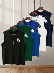 5pcs Men's Los Angeles Gothic Letter Print Sleeveless T-Shirt, Casual Loose Crew Neck Tank Top, Breathable Workout Gym Sleeveless Tee for Men