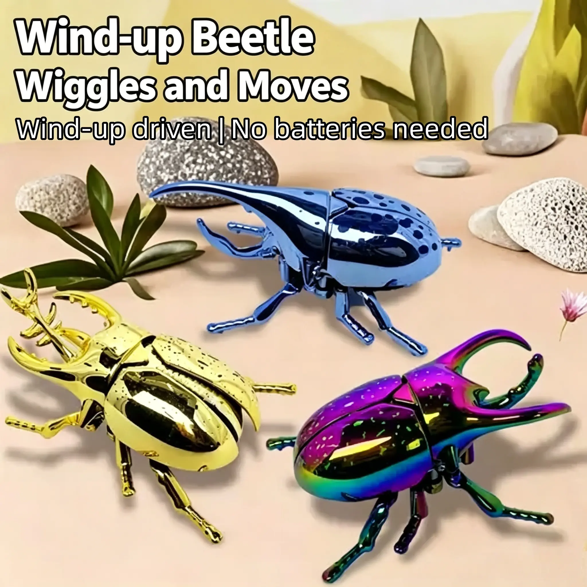 3-Pack Shiny Metallic Wind-Up Beetle Toys - Clockwork Mechanical Action, Automatic Moving Spring Bugs, Durable Novelty Sensory Play Toys for Kids, Gift Option for Adults, Coworkers, Friends